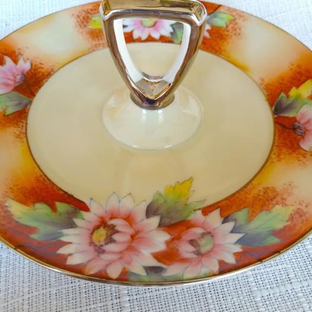 Vintage Noritake Morimura Lemon Server Hand Painted Orange with Pink Flowers